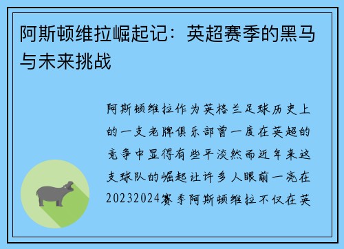 阿斯顿维拉崛起记：英超赛季的黑马与未来挑战