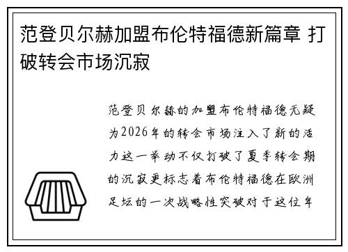 范登贝尔赫加盟布伦特福德新篇章 打破转会市场沉寂